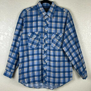 LORD JIM Button Up Shirt Men's Sz M Long Sleeve Point Collared Pocket Plaid Blue